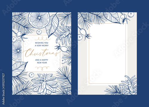 Set of Christmas floral greeting card templates with handwritten calligraphy. Trendy vintage style. 