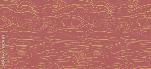 Brown red wooden surface with golden fibre and grain. Natural wood texture, seamless background. Vector grunge line background