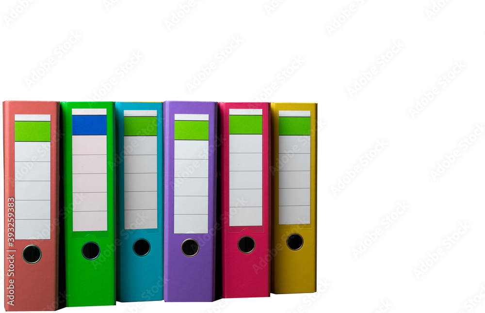 Bunte Ordner in einer reihe auf weißem Hintergrund Bunte Ordner in einer reihe auf weißem Hintergrund