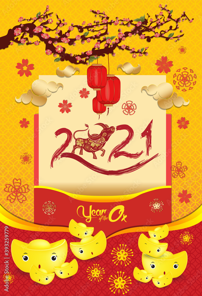 Naklejka premium Chinese new year poster design with Chinese of the Ox, Happy Chinese New Year 2021, gold ingots