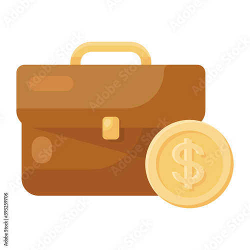 
Business bag icon in flat style, suitcase with dollar coin 
