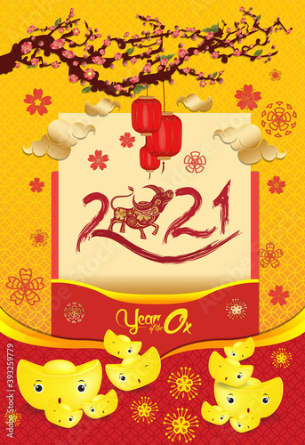 Chinese new year poster design with Chinese of the Ox, Happy Chinese New Year 2021, gold ingots