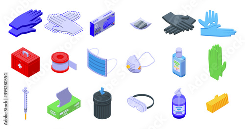Medical gloves icons set. Isometric set of medical gloves vector icons for web design isolated on white background