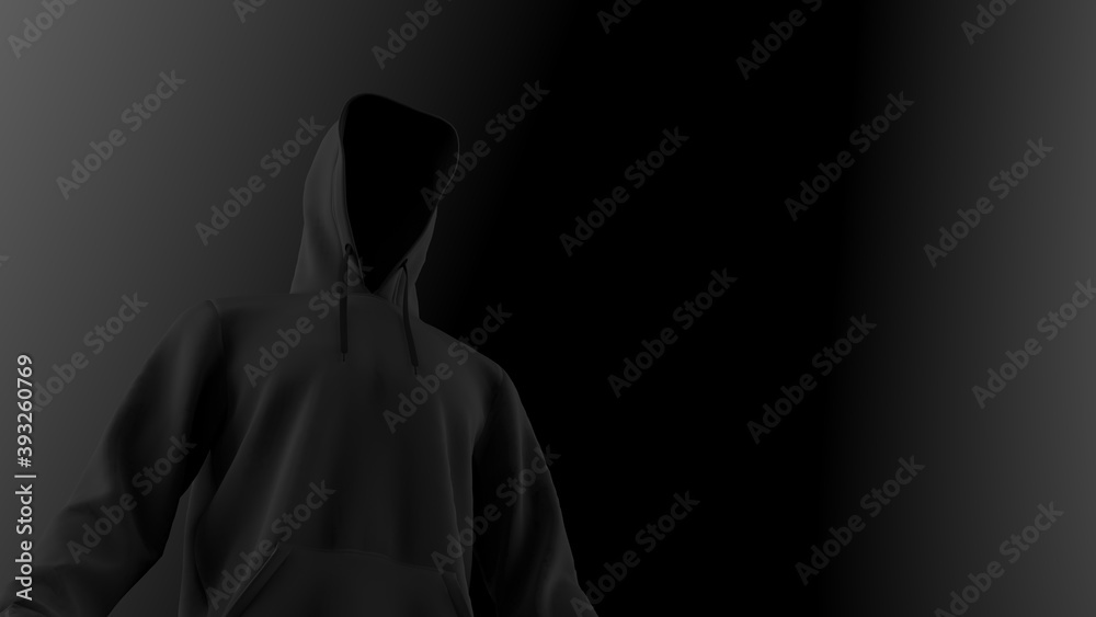 Anonimous hacker in shadow under spot lighting background. Dangorous criminal concept image. 3D CG. 3D illustration. 3D high quality rendering.