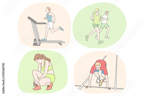 Running, healthy active lifestyle, sport, athletics, workout concept. Young sportsmen cartoon characters practicing running and jogging training on treadmill in gym and outdoors in park 