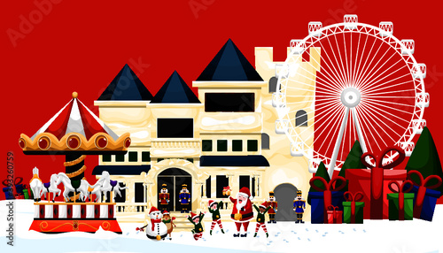 Merry Christmas and happy new year concept. Santa claus, kid boy and girl with giant nutcracker. Vector illustration design.