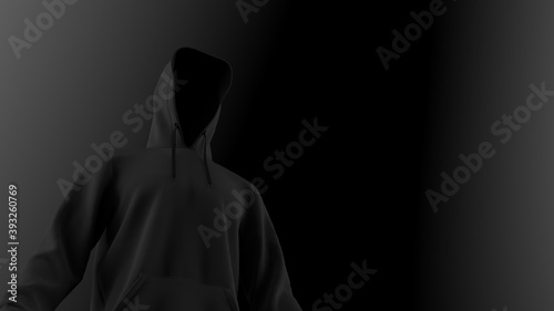 Anonimous hacker in shadow under spot lighting background. Dangorous criminal concept image. 3D CG. 3D illustration. 3D high quality rendering.