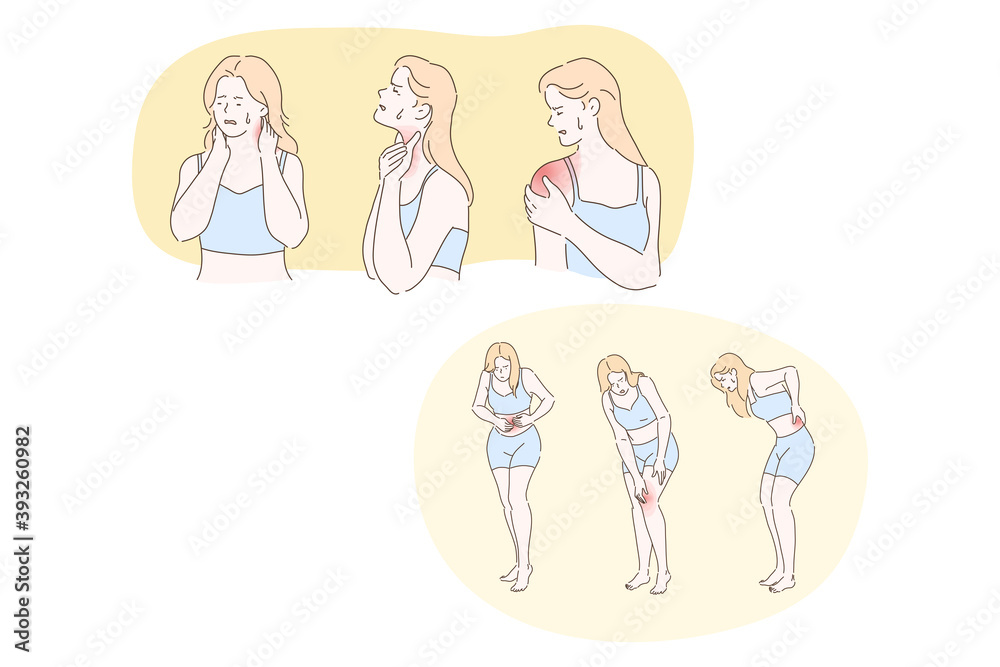 Vecteur Stock Woman having chronic pain in body and joints concept. Young  woman cartoon character suffering from back, neck, shoulder, knee, belly  pain or arthritis with red indicator on pain focus |