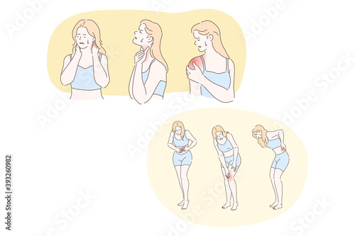 Woman having chronic pain in body and joints concept. Young woman cartoon character suffering from back, neck, shoulder, knee, belly pain or arthritis with red indicator on pain focus