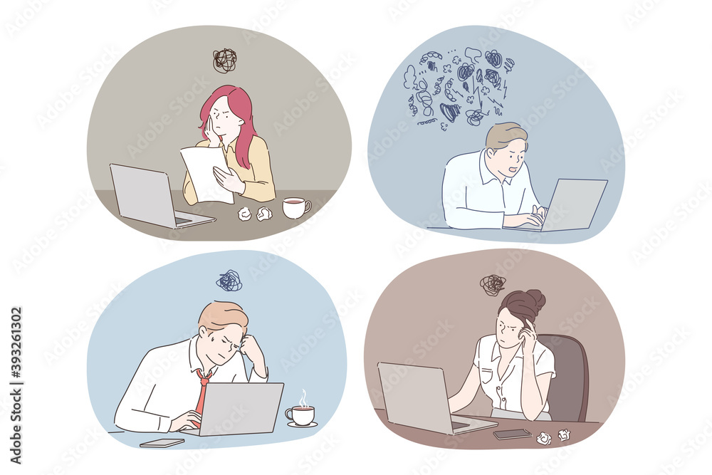 Online work, thinking during work with laptop in office concept. Young business people office workers or managers sitting in office and thinking about presentations or analytics work on laptops Online work, thinking during work with laptop in office concept. Young business people office workers or managers sitting in office and thinking about presentations or analytics work on laptops