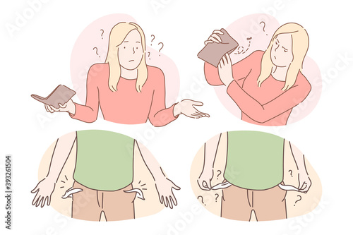 Money loss and cash robbery concept. Frustrated man and woman cartoon characters showing money loss in purse and pockets and feeling frustration and misunderstanding about disappear 