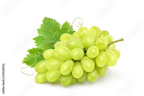 Bunch of Green Grape with leaves solated on white background.