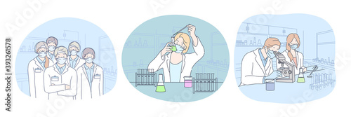 Coronavirus medical research and virus analysis in lab. People scientists in protective medical masks making scientific experiment and investigating microbiology of virus molecules in laboratory