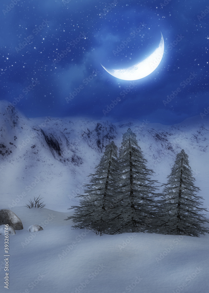 Naklejka premium 3d Moonlit winter mountain landscape