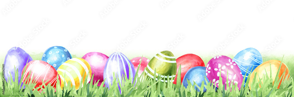 Easter Concept card template, frame and border. Colored eggs in the green grass, Hand drawn watercolor illustration isolated on white background