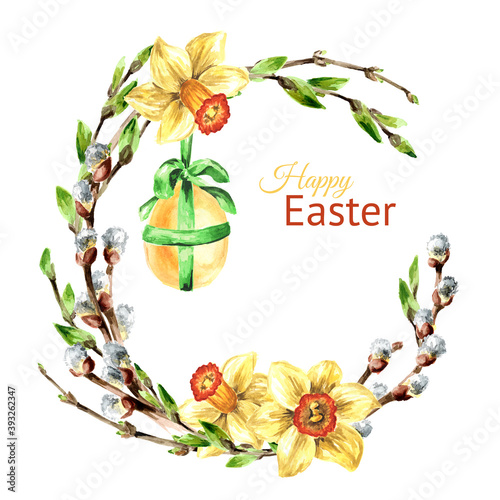 Happy Easter card, wreath with colored egg and spring flowers, Hand drawn watercolor illustration isolated on white background