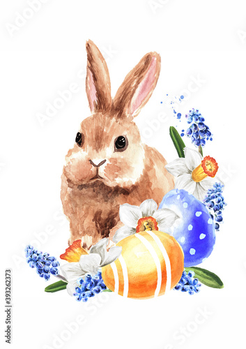 Happy Easter card, wreath with colored eggs, rabbit and spring flowers. Hand drawn watercolor illustration isolated on white background