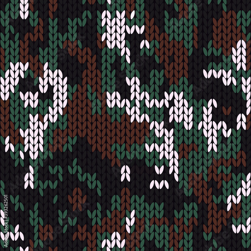 Stylish knitted military camo. Green wool camouflage pattern . Seamless texture. Design for fabric printing. Vector background