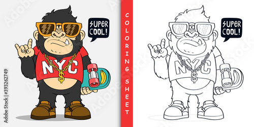 Cartoon gorilla with skateboard, Coloring sheet for stay home activity photo
