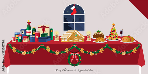 Illustration vector flat cartoon of mince pie, gingerbread house, fruit cake on Dinner table setting with pile of gifts or presents boxes on happy new year or merry christmas eve party
