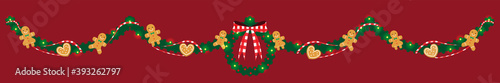 illustration vector flat cartoon of gingerbread man and woman on garland and wreath on merry christmas decoration concept