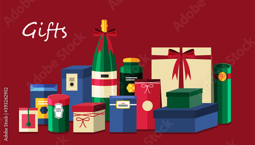 illustration vector flat cartoon of pile of gifts boxes or many warped presents on merry Christmas and happy new year decoration ornaments on table as concept 