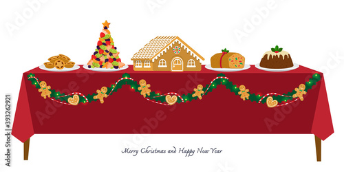 Illustration vector food and dessert on table on merry christmas party concept. Isolated mince pie, christmas tree fruits,traditional pudding,fruit cake on plate 