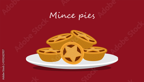 illustration of mince pie food on plate isolated on red background