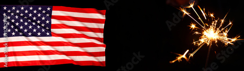 American Celebration - United States, Usa flag and burning sparkler firework on black banner background. American flag for Memorial Day, July 4th, Labor Day concept