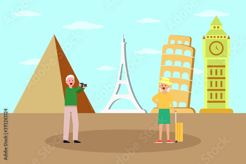 Holiday vector concept: Old couple taking photo in the world landmarks while using digital camera