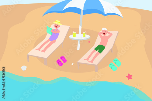 Holiday vector concept: Old man and old woman enjoying holiday in the beach while looking at menu