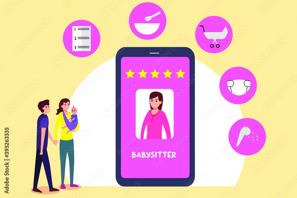 Babysitting application vector concept: Young parents with babysitting Babysitting application vector concept: Young parents with babysitting