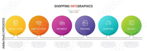 Concept of shopping process with 6 successive steps. Six colorful graphic elements. Timeline design for brochure, presentation, web site. Infographic design layout.