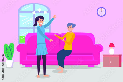Elder Abuse vector concept: Young woman hitting old grandmother while crying on the sofa at home
