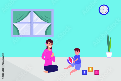 Taking care children vector concept: Young baby sitter and little boy playing ball while sitting on the floor © Creativa Images