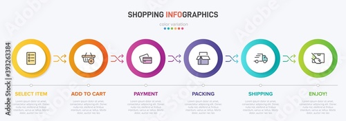Concept of shopping process with 6 successive steps. Six colorful graphic elements. Timeline design for brochure, presentation, web site. Infographic design layout.