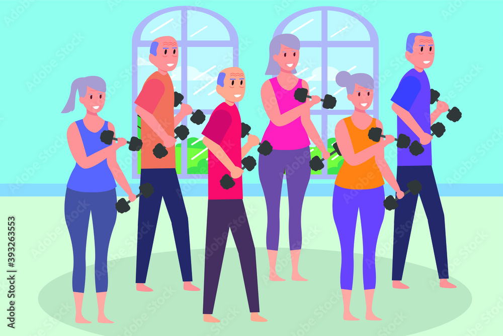 Fototapeta premium Active Senior People vector concept: Group of people doing workout together while using dumbbell in fitness center