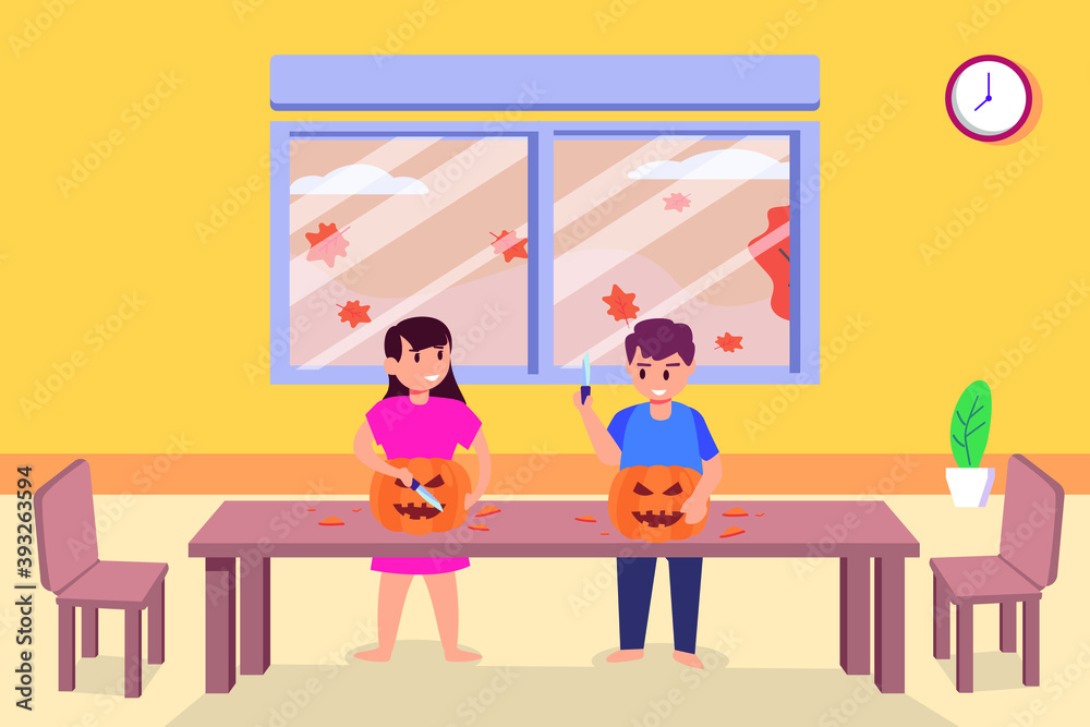 Carving pumpkin vector concept: Little boy and girl carving pumpkin together while using knife