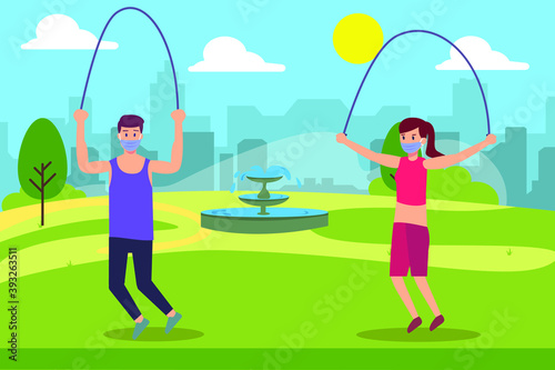 New Normal vector concept: Couple in face mask doing exercise by jumping with skipping rope at the par during new normal life after corona virus pandemic