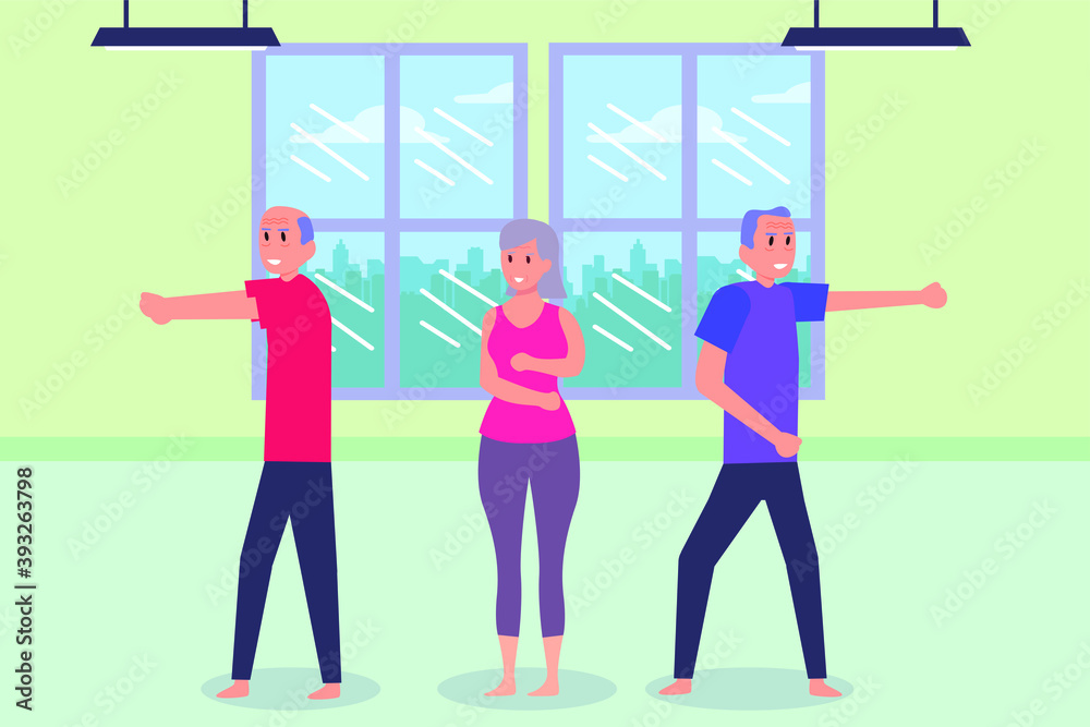 Naklejka premium Active Senior People vector concept: Old people exercising for self defense together while standing in fitness center