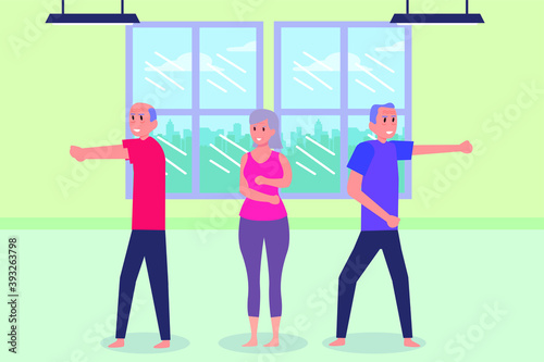 Active Senior People vector concept: Old people exercising for self defense together while standing in fitness center