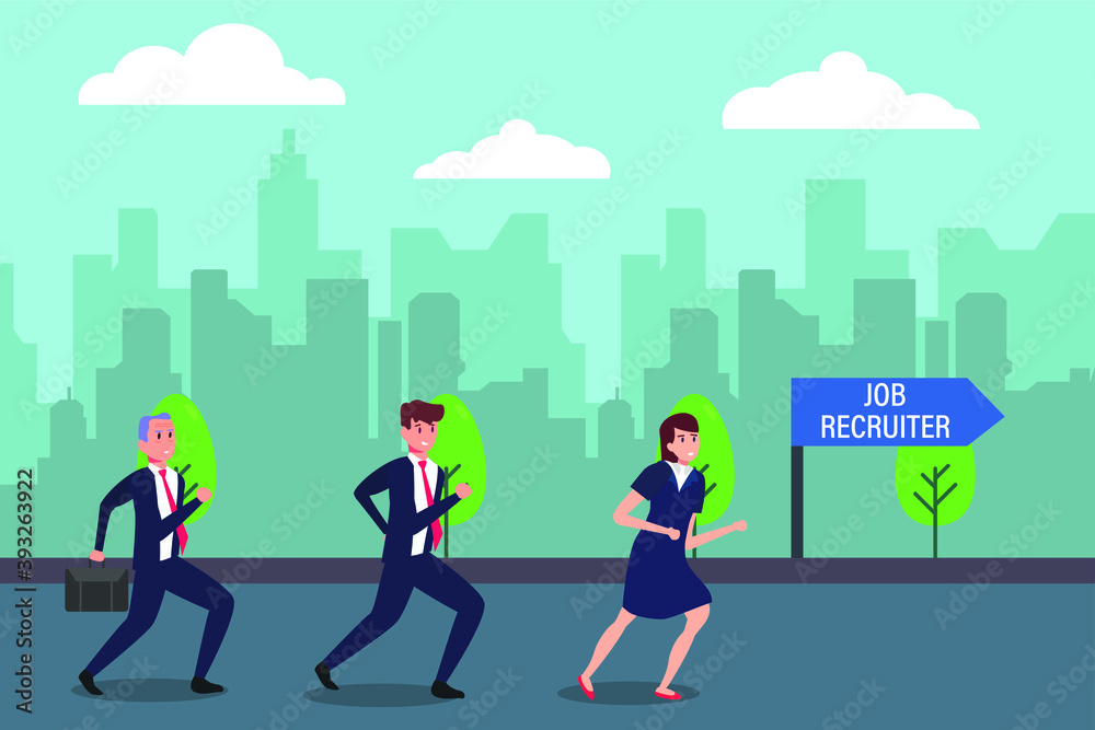 Race in work vector concept: Senior man competing with young worker by running on the road toward job recruiter Race in work vector concept: Senior man competing with young worker by running on the road toward job recruiter