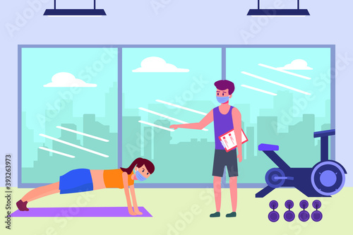 New Normal vector concept: Woman in face mask doing exercise by push up with personal trainer at gym during new normal life after corona virus pandemic