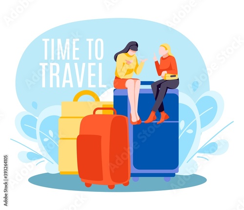 Time to travel banner template. Tiny girl tourists sitting on huge suitcases. People travelling on summer vacation with luggage cartoon vector illustration