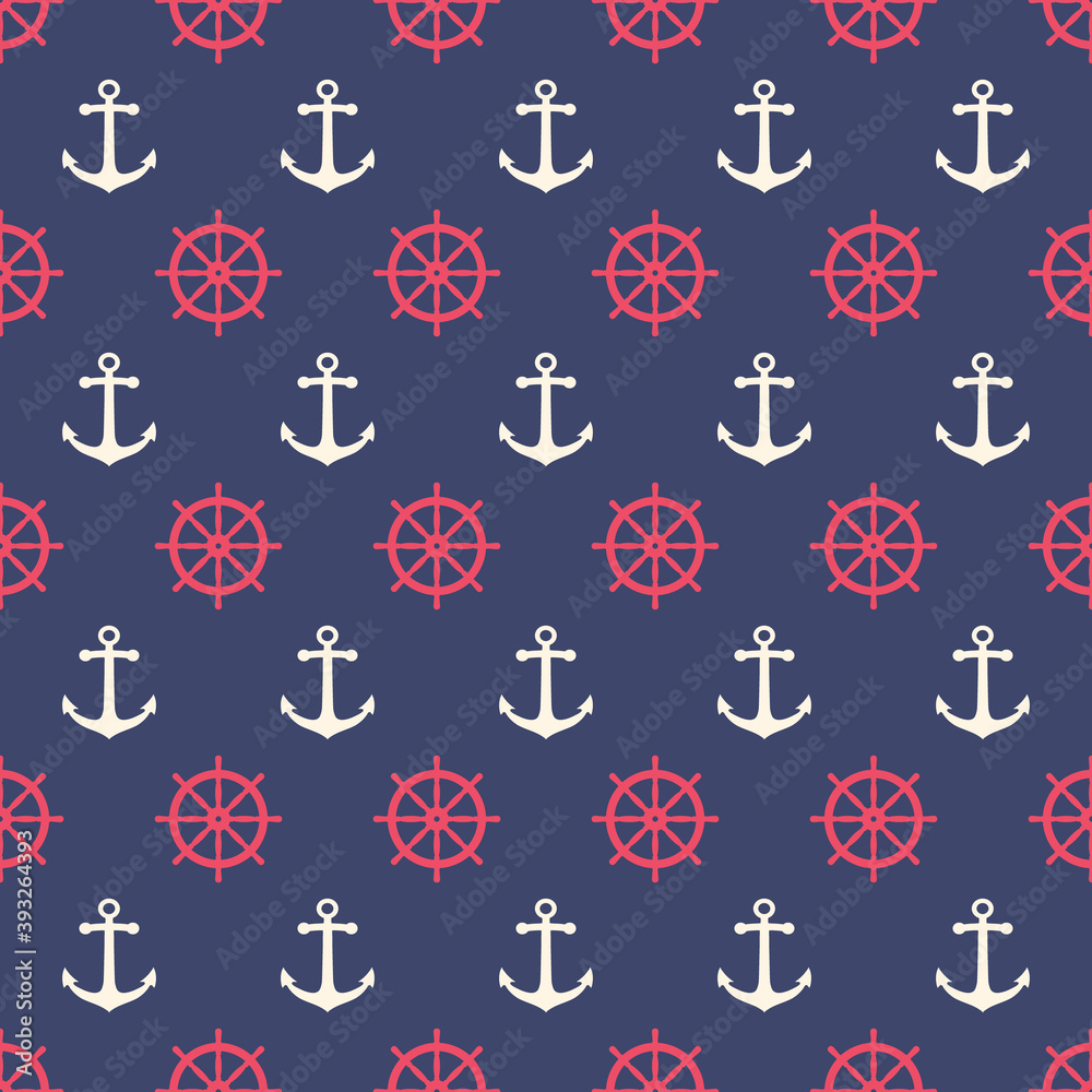Seamless marine pattern with anchors and steering wheels. Sea theme background.