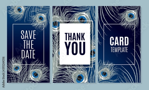 Wedding invitation cards set. Save the date, thank you, rsvp elegant luxury design with beautiful peacock bird feathers vector illustration