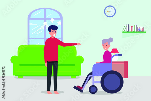 Elder Abuse vector concept: Young man angry to old grandmother while sitting on the wheelchair at home