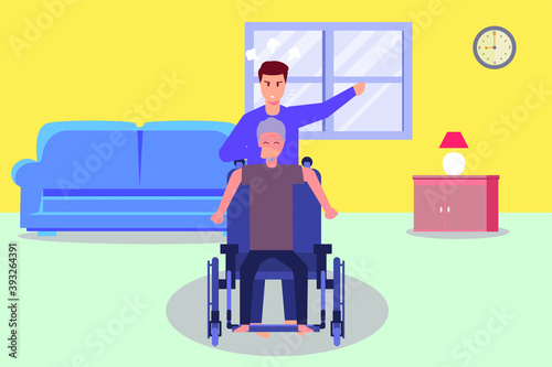 Elder Abuse vector concept: Young man covering mouth of old man with his hand while sitting on the wheelchair