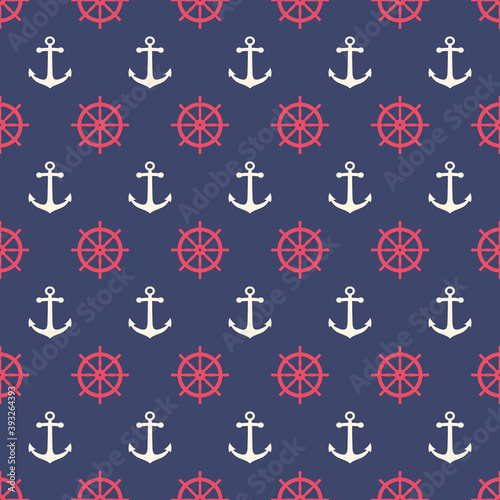 Seamless marine pattern with anchors and steering wheels. Sea theme background.