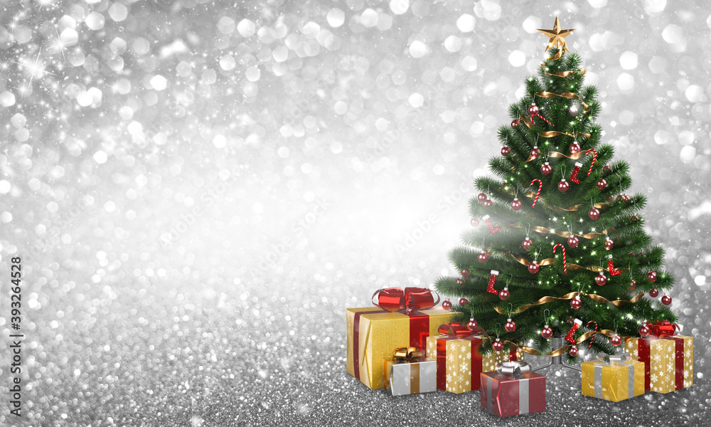 Christmas tree with gifts presents in the empty light bokeh blurred background. 3D rendering